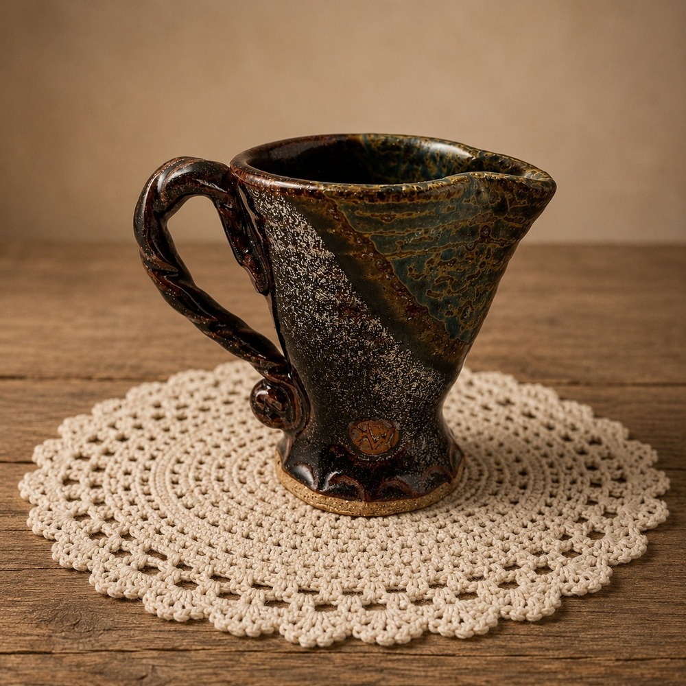 Signed Studio Art Pottery Pitcher‎ Twisted Handle Brown Green Glaze Creamer